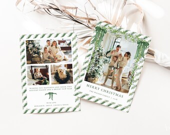 Green Bow Christmas Card Template Editable Vintage Green Christmas Card Holiday Family Photo Card Digital Download | IRVING Collection