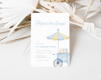 Blue & Yellow Ice Cream Birthday Invitation Template for Boy Here's the Scoop Birthday Party | ANNIKA Collection