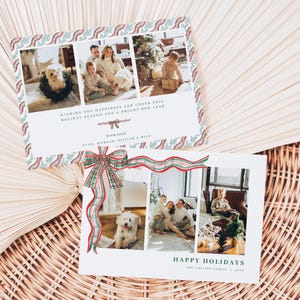 Christmas Plaid Bow Photo Holiday Card Template for 2-Sided Landscape Red & Green Ribbon Family Photo Christmas Card | CLARENCE Collection