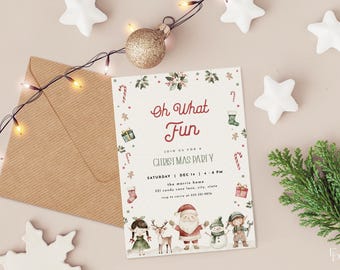 May include: A Christmas party invitation with a watercolor illustration of Santa Claus, a snowman, an elf, and a reindeer. The invitation reads "Oh What Fun" and includes the date and time of the party.