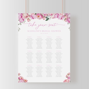 Pink Peony Bridal Shower Seating Chart Sign Template for Pink Floral Bridal Shower Seat Assignments Poster | VARDA Collection