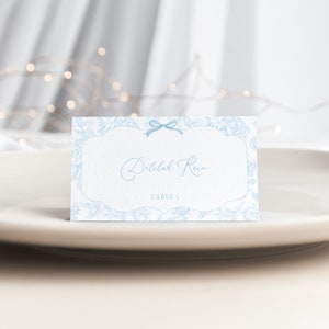 Blue Toile De Jouy Place Card Template for Chinoiserie Something Blue Bridal Shower Name Card or Buffet Card | ADELE Collection