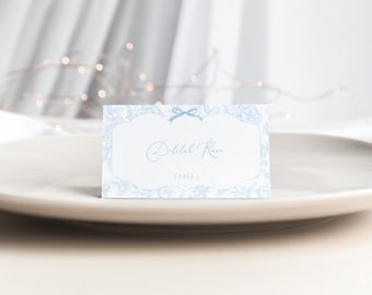 Blue Toile De Jouy Place Card Template for Chinoiserie Something Blue Bridal Shower Name Card or Buffet Card | ADELE Collection