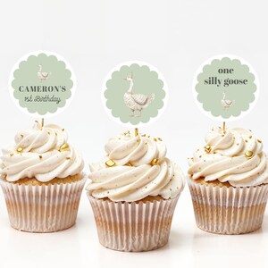 Green One Silly Goose 1st Birthday Cupcake Topper Template for Green Silly Goose First Birthday Party Cupcake Toppers | GANNET Collection