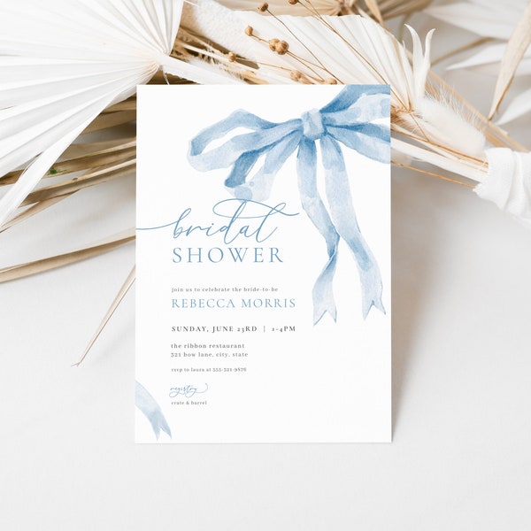 Blue Bow Bridal Shower Invitation Template for Something Blue Ribbon Bridal Shower Invite | THEODORA Collection