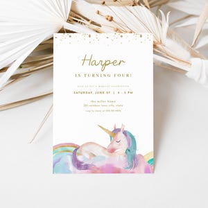 Unicorn Birthday Invitation Template for Modern Gold and Pastel Rainbow Unicorn Birthday Party Invite | AUBRIELLE Collection
