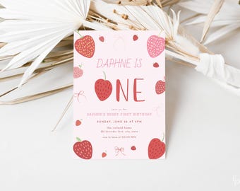 Berry First Birthday Invitation Template for Girl First Birthday Bow Strawberry 1st Birthday Invite Digital Download | ICHIGO Collection