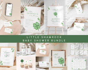 Könnte beinhalten: Ein Baby Shower-Druckpaket mit einem Kleeblatt-Motiv. Das Paket enthält Einladungen, Dankeskarten, ein Willkommens-Schild, ein Schild für Geschenke, ein Los für eine Tombola, Cupcake-Topper, Wasserflaschenetiketten und einen Kalender für Gäste zum Unterschreiben. Das Design zeigt Aquarell-Kleeblätter und grüne Akzente.