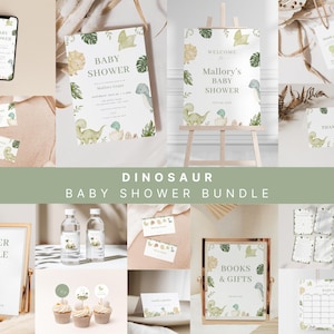 Dinosaur Baby Shower Invitation Bundle Template Green Boy Dino : Invite, Signs, Games, Cards, Favor Tag, Label Templates | JAREK Collection