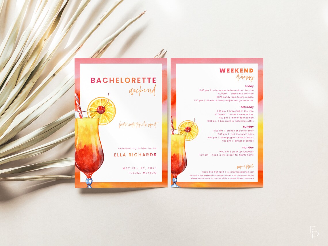 Tequila Sunrise Bachelorette Weekend Invite and Itinerary Etsy