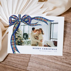 Navy Christmas Plaid Bow Photo Holiday Card Template for Landscape Coquette Green Blue Tartan Photo Christmas Card | CAMERON Collection