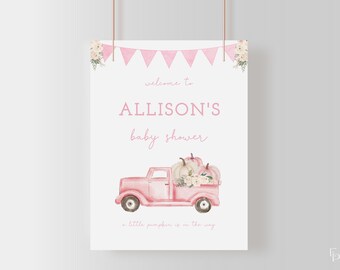 Pink Girl Fall Little Pumpkin Baby Shower Welcome Sign Template | ALUMA Collection