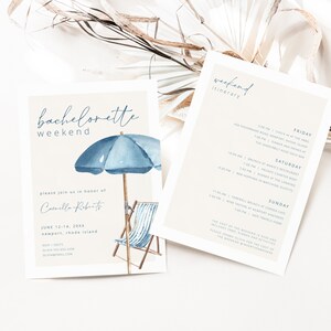 May include: Two-piece invitation set for a bachelorette weekend. The invitation features a watercolor illustration of a blue beach umbrella and chair. The itinerary card lists weekend activities.