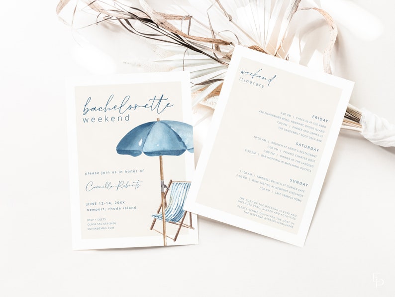 May include: Two-piece invitation set for a bachelorette weekend. The invitation features a watercolor illustration of a blue beach umbrella and chair. The itinerary card lists weekend activities.