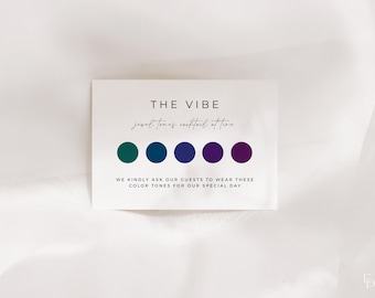 Könnte beinhalten: Eine weiße Karte mit dem Text "THE VIBE" und "jewel tones cocktail attire" in Schwarz. Fünf farbige Kreise sind in einer Reihe angeordnet, beginnend mit einem dunklen Teal, dann Marineblau, Dunkelblau, Lila und endend mit einem dunklen Lila.