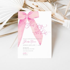May include: Pink watercolor bow with the text "She's tying the knot" and a bridal shower invitation for Penelope Connor on Sunday, June 10th at 1:00 PM at the Pink Cafe.