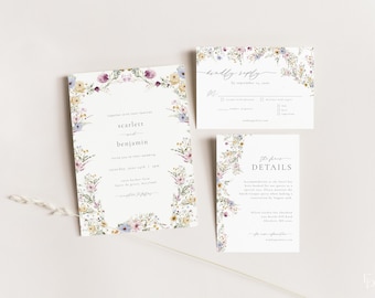 Wildflower Wedding Invitation Suite Template Editable Boho Floral Wedding Invite RSVP & Details Card Digital Download | FREYA Collection