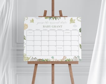Dinosaur Baby Shower Guess the Due Date Calendar Game Sign Template for Green Baby Boy Dino Baby Shower Arrival | JAREK Collection