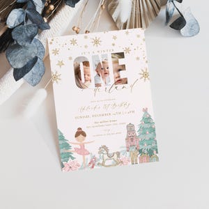 Nutcracker Ballet 1st Birthday Invitation Template Pink Sugar Plum Girl Winter Onederland First Birthday Invite Photo | ODILE Collection