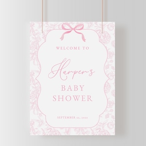 Pink Toile De Jouy Baby Shower Welcome Sign Template for Girl Vintage Bow Chinoiserie Baby Shower Poster | ADALINE Collection