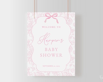 May include: A pink floral baby shower sign with a pink bow and the text "Welcome to Harper's Baby Shower September 22, 2023".