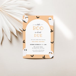 Orange Ghost A Little Boo is Due Baby Shower Invitation Template for Gender Neutral Halloween Baby Shower | YEURI Collection