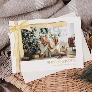 Yellow Coquette Bow Photo Christmas Card Template for Two-Sided Landscape Yellow Bow Family Photo Christmas Card | POLOMA Collection