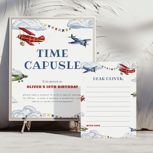 Airplane First Birthday Time Capsule Sign and Card Template for Vintage Plane Boy Airplane Time Flies Time Capsule | PERCY Collection
