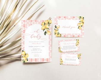 Lemon Pink Mediterranean Tiles Baby Shower Invitation Bundle Template for Girl Italian Tiles Baby Shower | GIANNA Collection