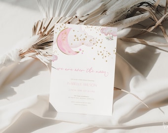 Pink Boho Girl We are Over the Moon Baby Shower Invitation Template Editable Pink Celestial Baby Shower Invite Download | AMARIS Collection