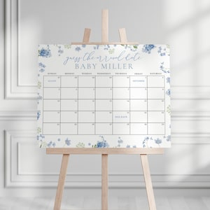 Blue Baby in Bloom Baby Shower Guess the Due Date Calendar Game Sign Template for Boy Blue Floral Baby Shower Arrival | RUKA Collection