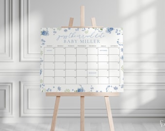 Blue Baby in Bloom Baby Shower Guess the Due Date Calendar Game Sign Template for Boy Blue Floral Baby Shower Arrival | RUKA Collection