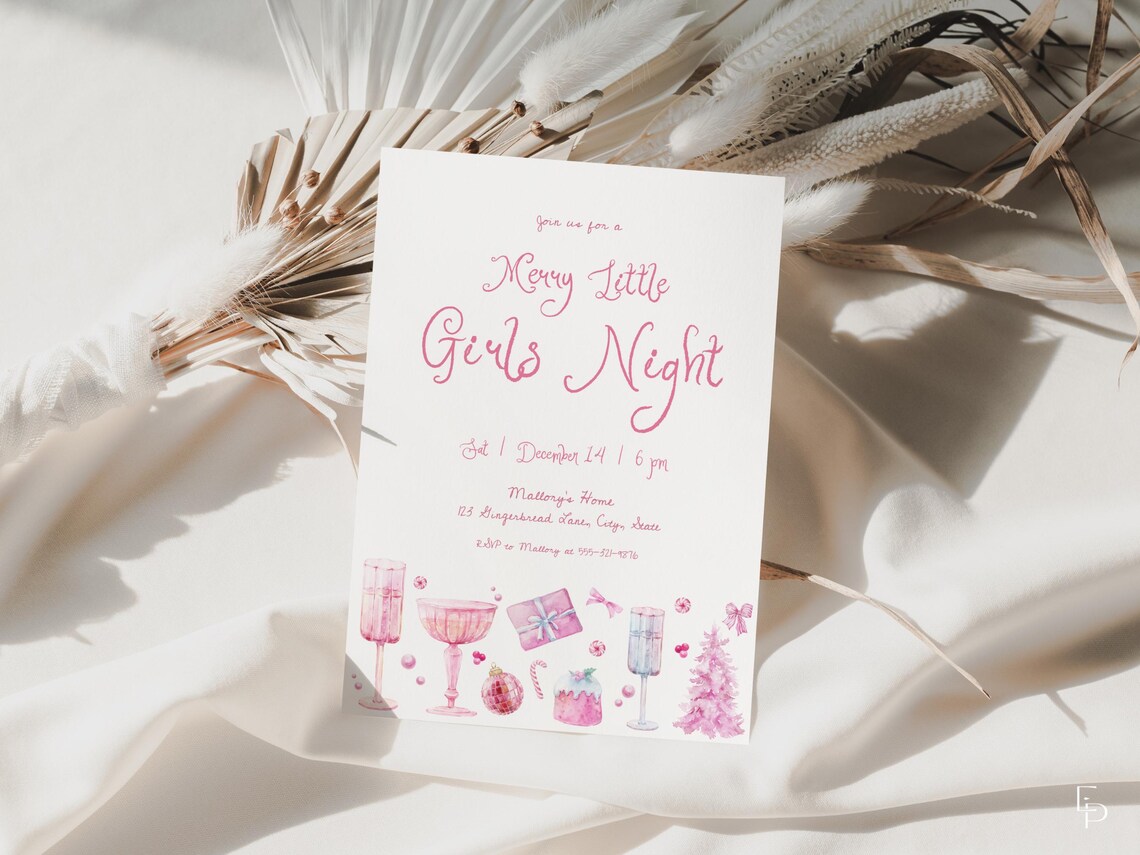 Whimsical Pink Christmas Party Invitation Template Pink Merry Little