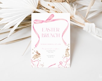 Pink Bow Wildflower Easter Bunny Easter Brunch Invitation Template Editable Easter Brunch Invite Digital Download | PASCUA Collection
