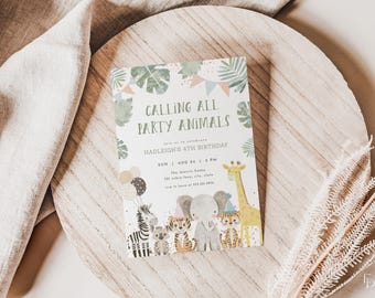May include: A party invitation with the text "Calling All Party Animals" and a watercolor illustration of safari animals. The invitation includes event details and is set on a wooden surface with a linen cloth.