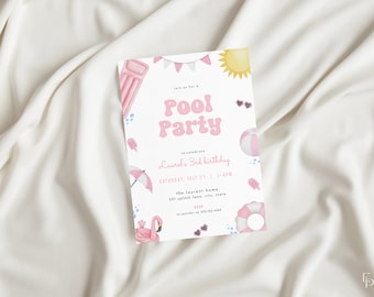 Pink Pool Party Birthday Invitation Template for Girl Summer Birthday Invite | SORLEY Collection