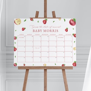 Apple Baby Shower Guess the Due Date Calendar Game Sign Template for Fall Apple of Our Eye Baby Shower Arrival Poster | POMELINE Collection