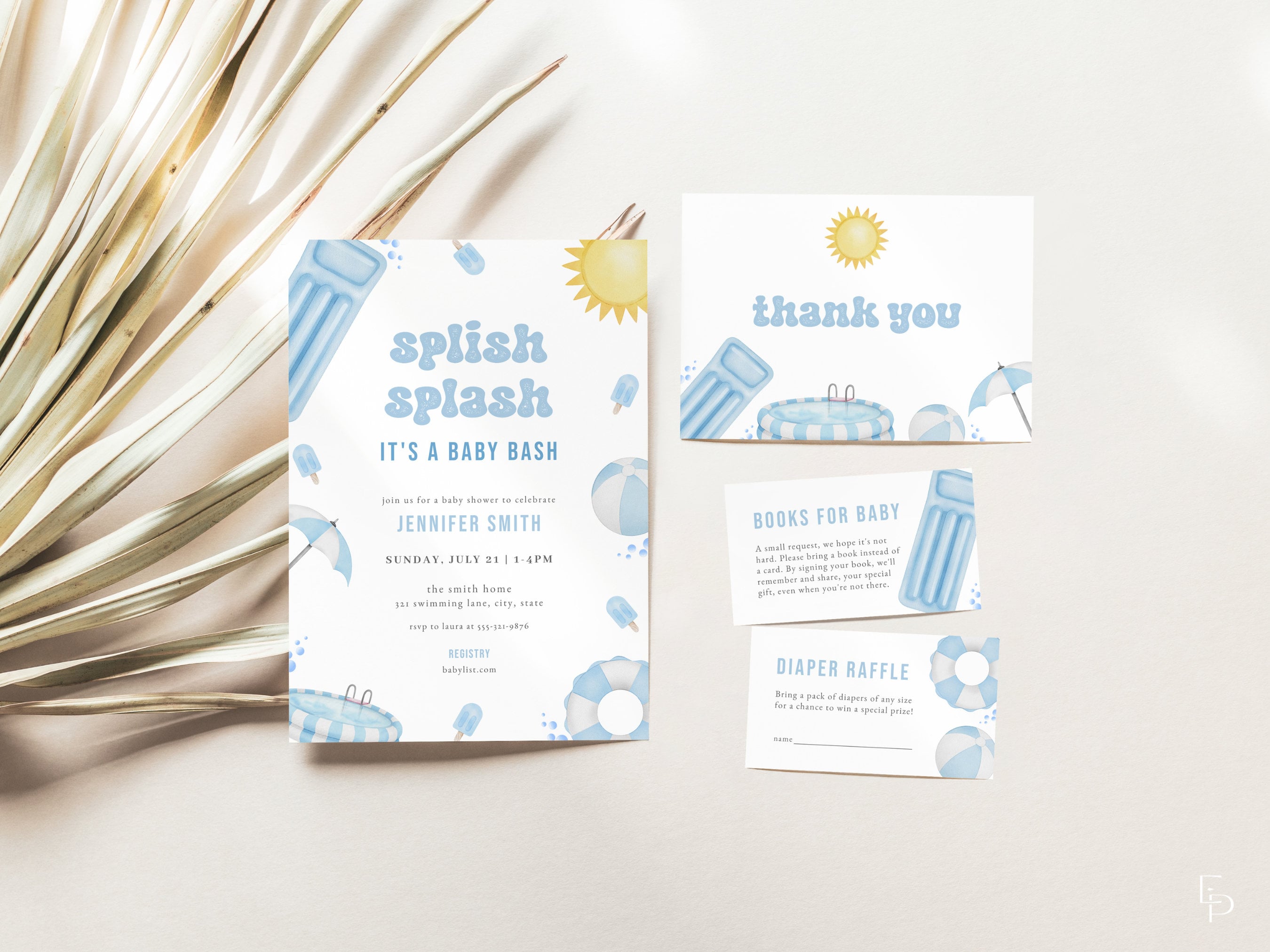 Blue Splish Splash Baby Shower Invitation Bundle Template for Summer Boy Pool Party Baby Shower Invite | MIRRI Collection