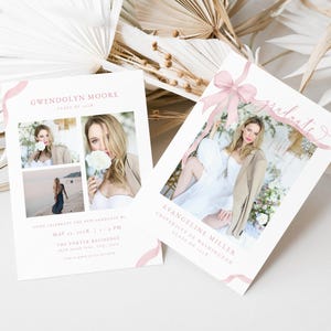 Pink Coquette Bow Graduation Announcement Card Template for Ribbon Girl Modern Multiple Photo Graduation Party Invite | SHALEY Collection