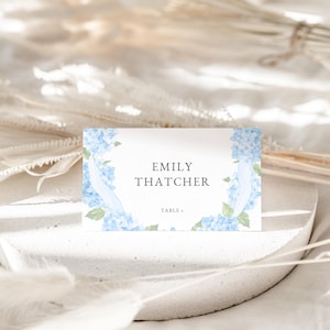 Blue Hydrangea Place Card Template for Blue Coastal Grandmother Bridal Shower Name Card or Buffet Card | NILAM Collection