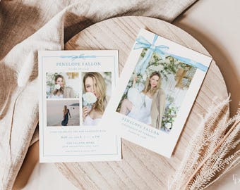 Coquette Bow Graduation Announcement Card Template for Blue Ribbon Multiple Photo Graduation Party Invite | DARINA Collection