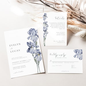 Purple Flower Iris Wedding Invitation Suite Template with Printable 5x7 Invite, RSVP Card & Details Card | IRIS Collection