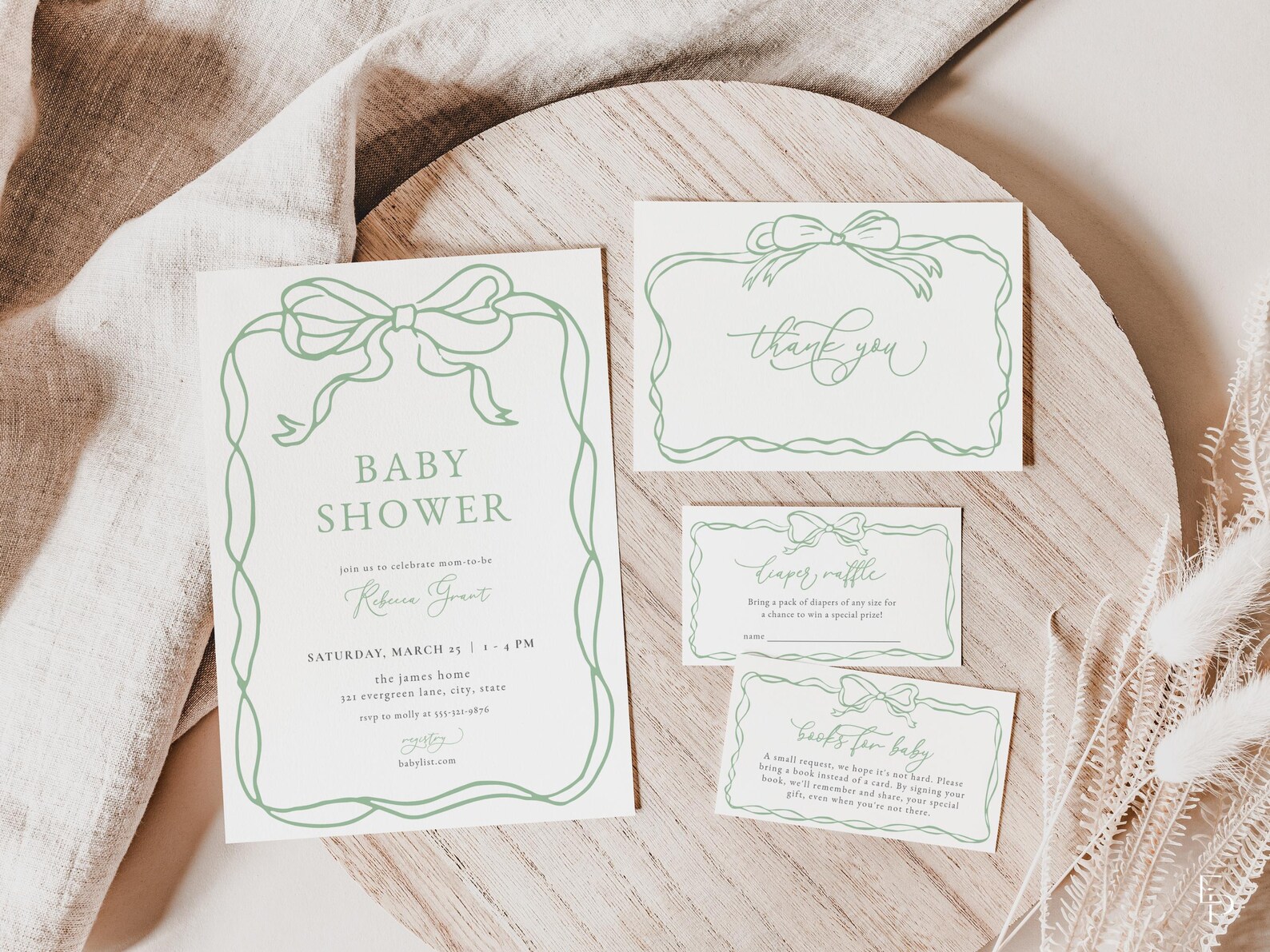 Green Bow Baby Shower Invitation Bundle Template Classic Hand Drawn ...