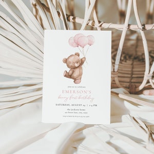 Pink Beary First Birthday Invitation Template for Balloons & Bear Girl 1st Birthday Invite | BERDINE Collection bild 4