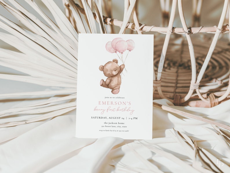 Pink Beary First Birthday Invitation Template for Balloons & Bear Girl 1st Birthday Invite | BERDINE Collection bild 4