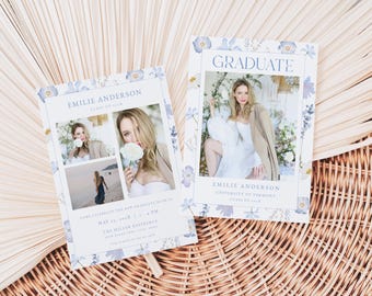 Blue Floral Graduation Announcement Card Template Editable Blue Wildflower Photo Graduation Party Invite Digital Download | ABEBA Collection