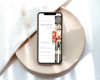 May include: A digital invitation for a holiday party with a watercolor illustration of a nutcracker in a red and green suit. The text on the invitation reads "Please join us for a Holiday party" and "December 12th, 7pm".