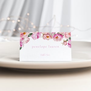 Pink Peony Place Card Template for  Pink Floral Bridal Shower Name Card or Buffet Card | VARDA Collection