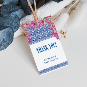 Greek Blue Tiles & Bougainville Mamma Mia Baby Shower Favor Tag Template | DELIA Collection