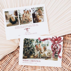 Christmas Red Bow Photo Holiday Card Template for Two-Sided Landscape Red Plaid Bow Family Photo Christmas Card | CHRISTOPHER Collection
